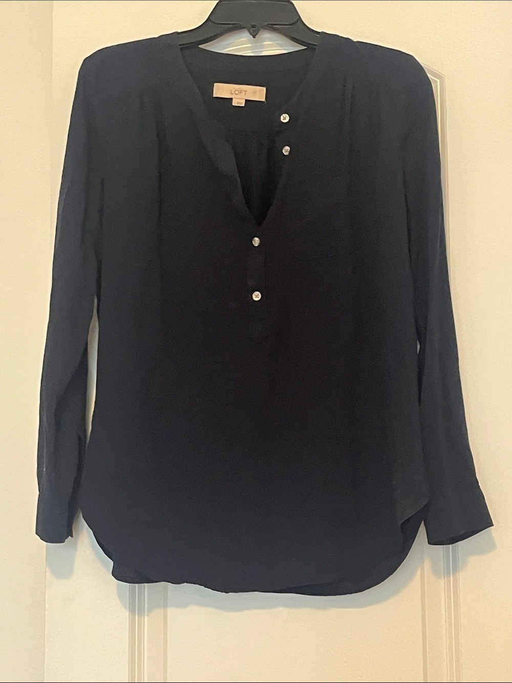 LOFT Navy Long-Sleeve Henley Pullover Blouse with Cuff Option